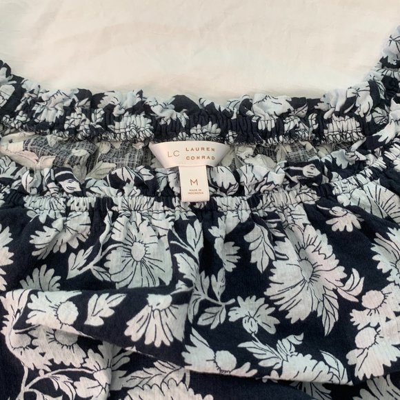 LC Crop Top Navy White Daisy Print Balloon Ruffle 3/4 Sleeves Drawstring Size M - Picture 11 of 15